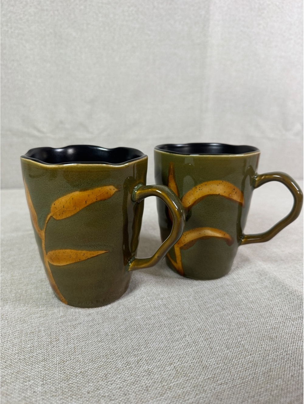 Pier 1 Imports “Dakara” Olive Green Ceramic Mugs with Leaf Design Set of 2